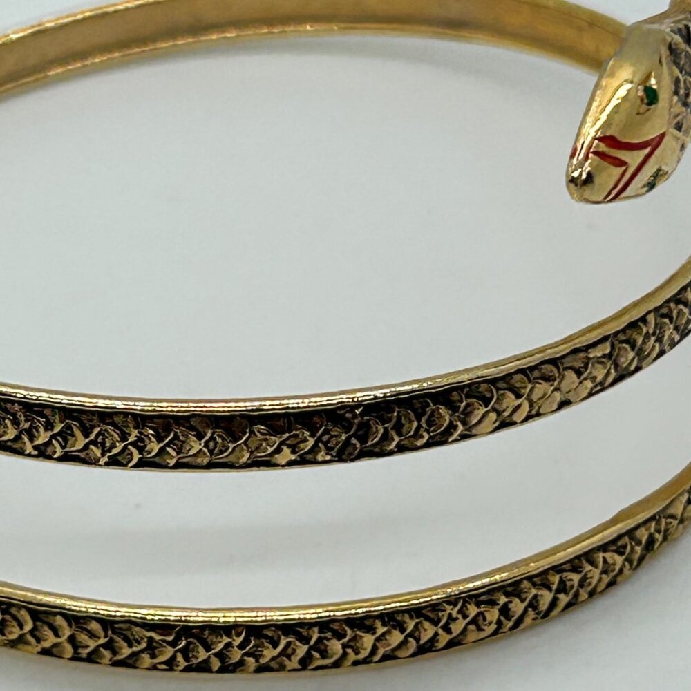 Vintage Snake Bracelet Egyptian Style Gold Tone Armlet With Chased Metal, Enamel - Picture 4 of 13